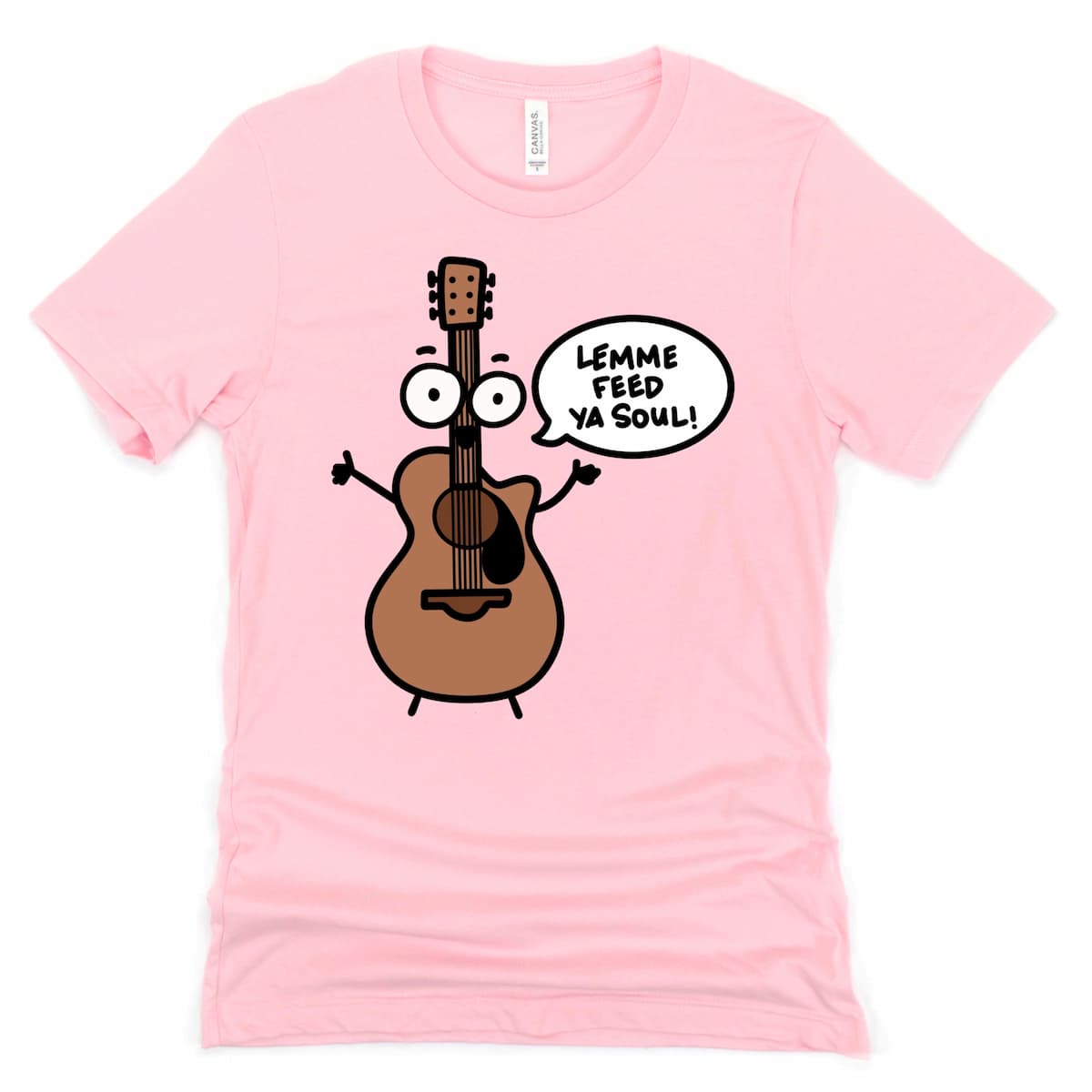 Pink Cute Acoustic Guitar Shirt featuring smiling guitar saying “Lemme Feed Ya Soul!”, perfect for musicians and music lovers by Kalirally