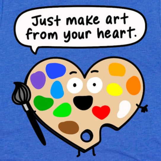 A close up of the design on the Cute art teacher shirt with cartoon paint palette and “Just make art from your heart” design in Heather True Royal by Kalirally
