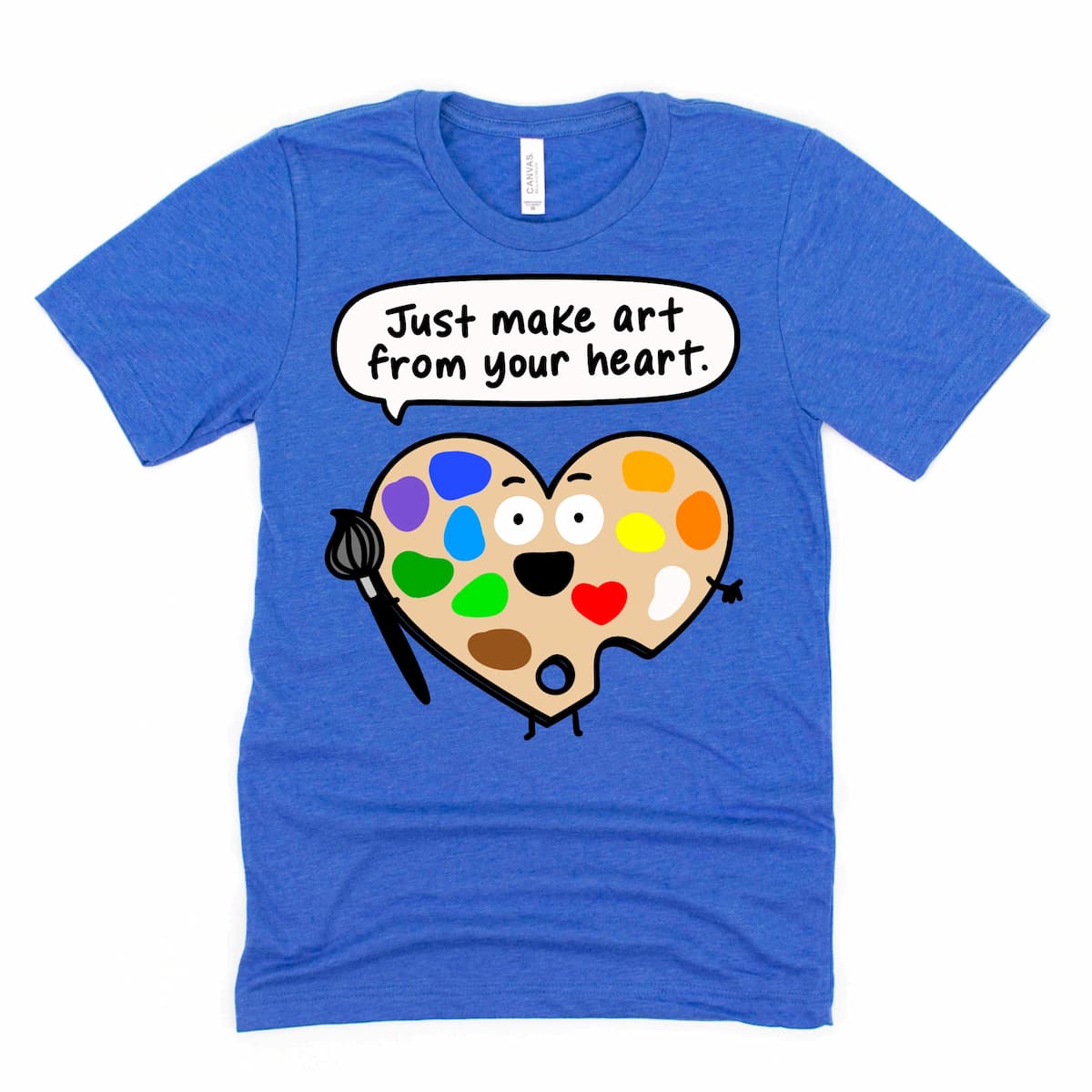 Cute art teacher shirt with cartoon paint palette and “Just make art from your heart” design in Heather True Royal by Kalirally.