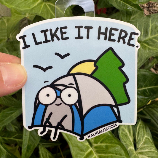 Playful water bottle sticker with cartoon tent – “I like it here” decal for water bottles and laptops by Kalirally