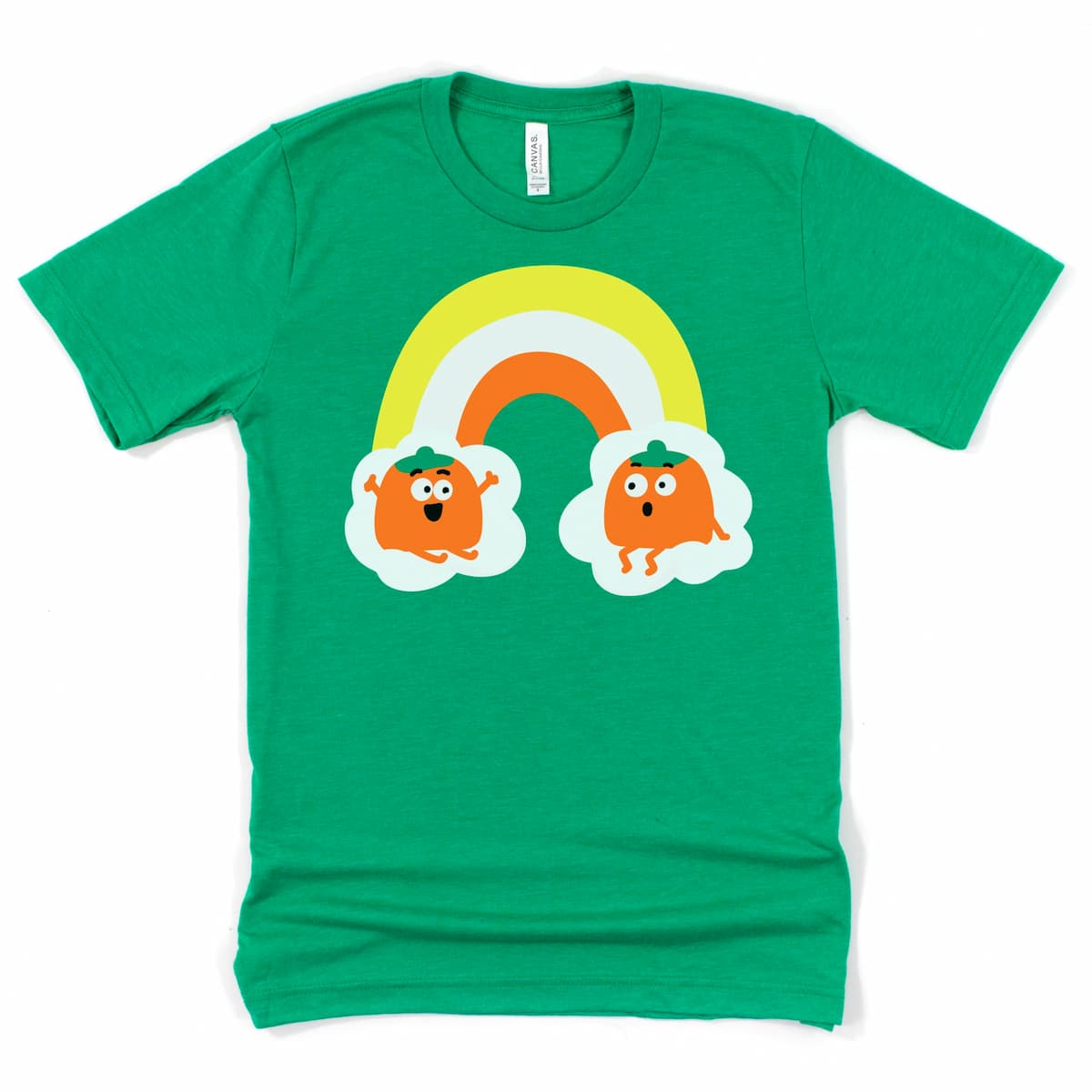 Heather Kelly Green Halloween shirt featuring a cute rainbow and candy corn pumpkins – playful Halloween tee for women, by Kalirally