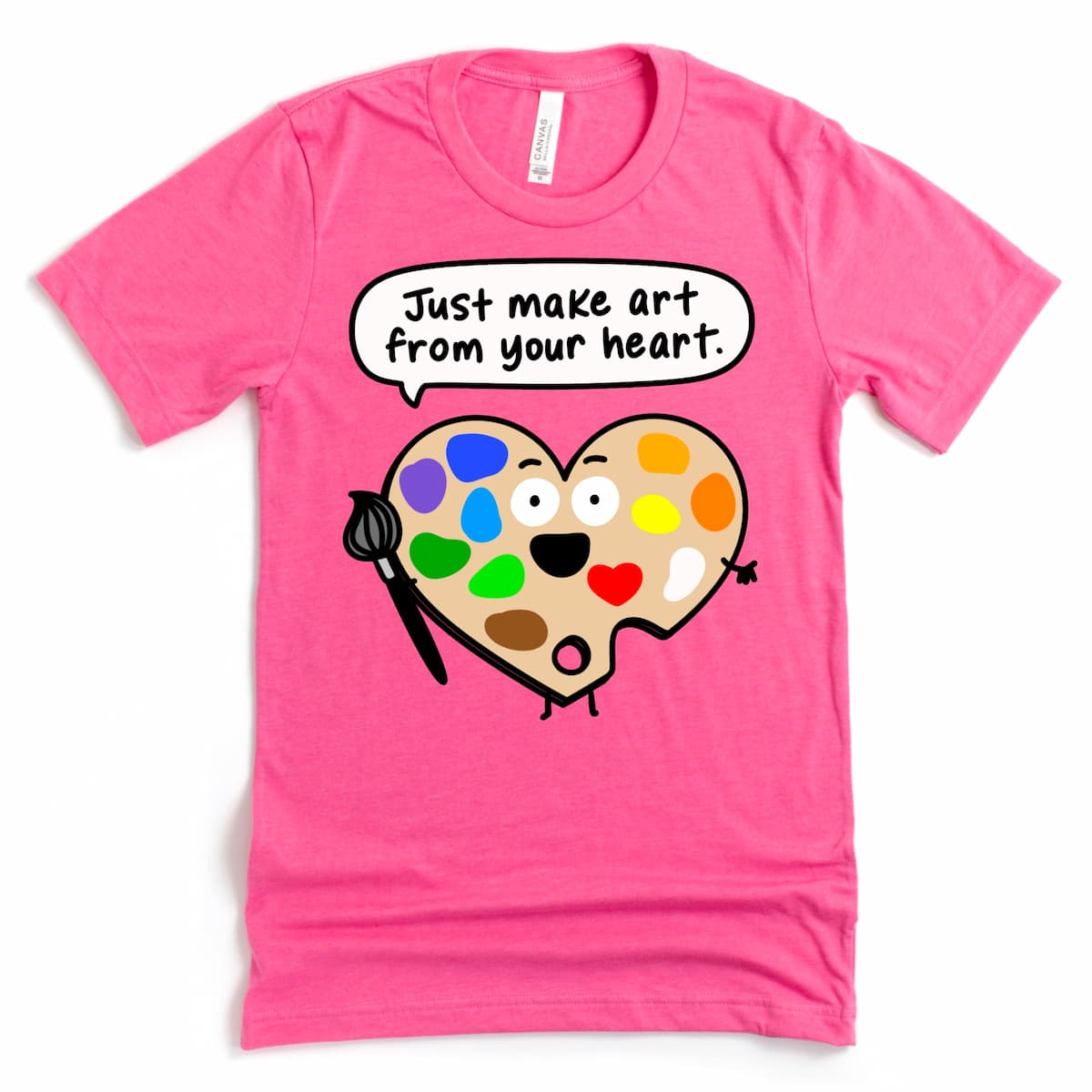 Cute cartoon palette shirt with “Just make art from your heart” quote in Heather Charity Pink by Kalirally.