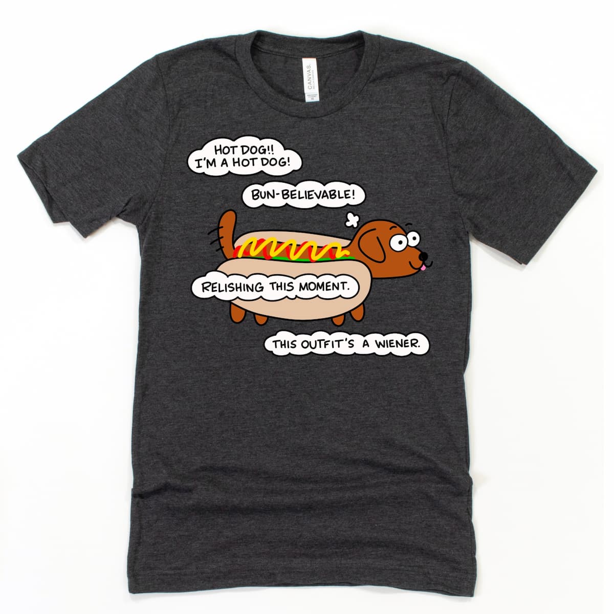 Heather Dark Grey shirt with cartoon dachshund dressed as a hot dog, funny dog graphic tee, by Kalirally