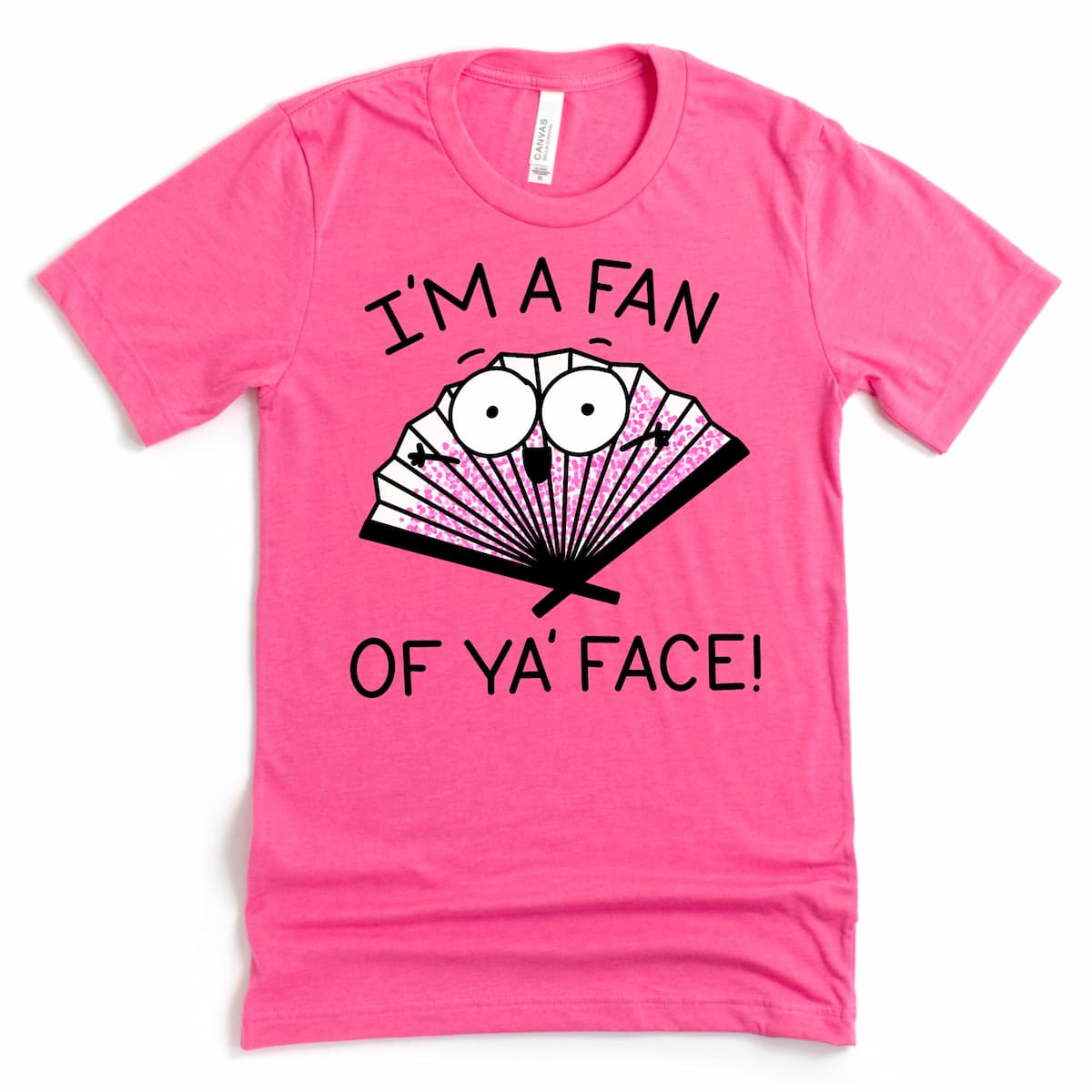 Playful graphic tee featuring a hand-fan illustration and funny friendship phrase, shown in Heather Charity Pink, by Kalirally.