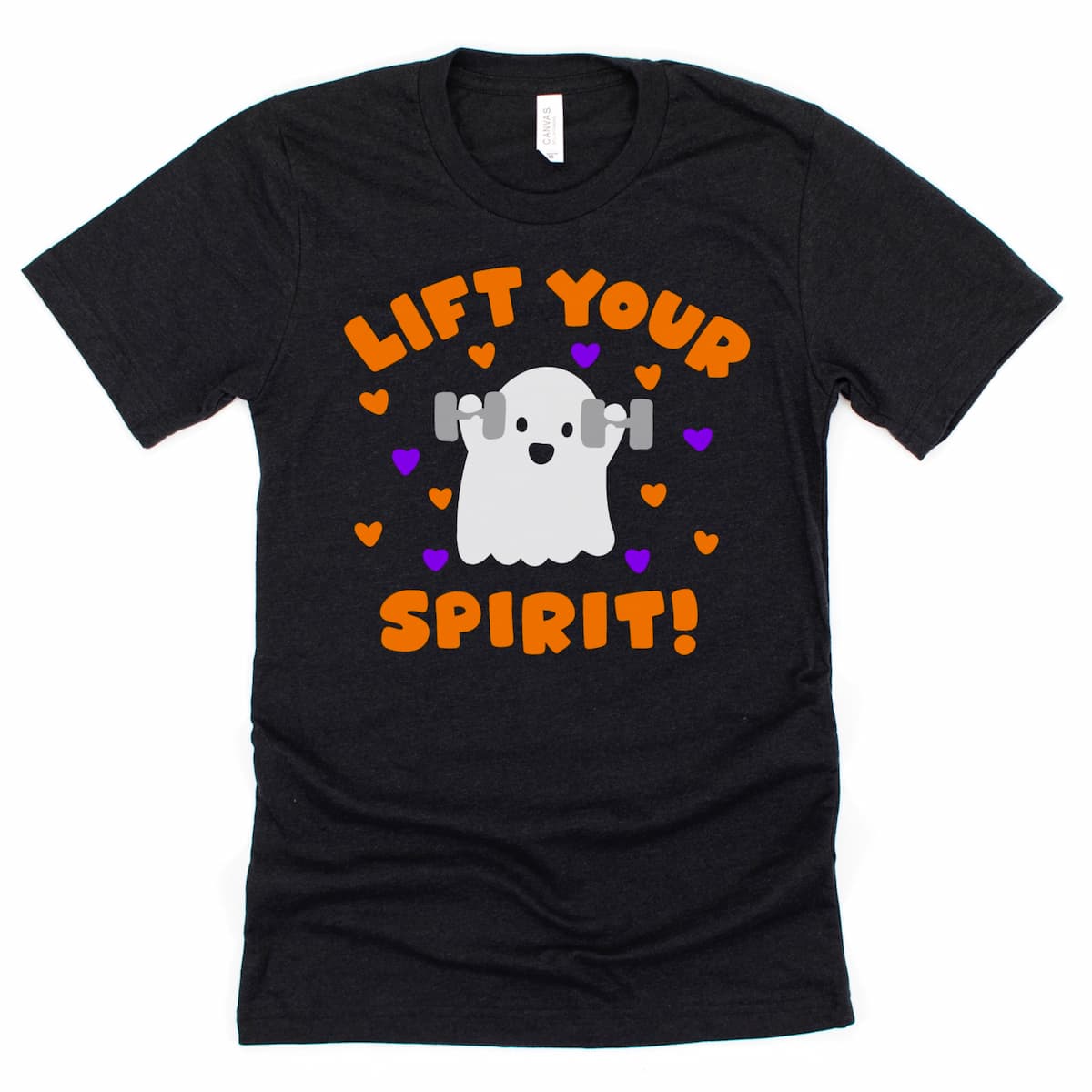 Flat lay mock up of a Halloween Gym Shirt on Heather Black unisex tee, a ghost doing shoulder presses and exclaiming "LIFT YOUR SPIRIT!", by Kalirally
