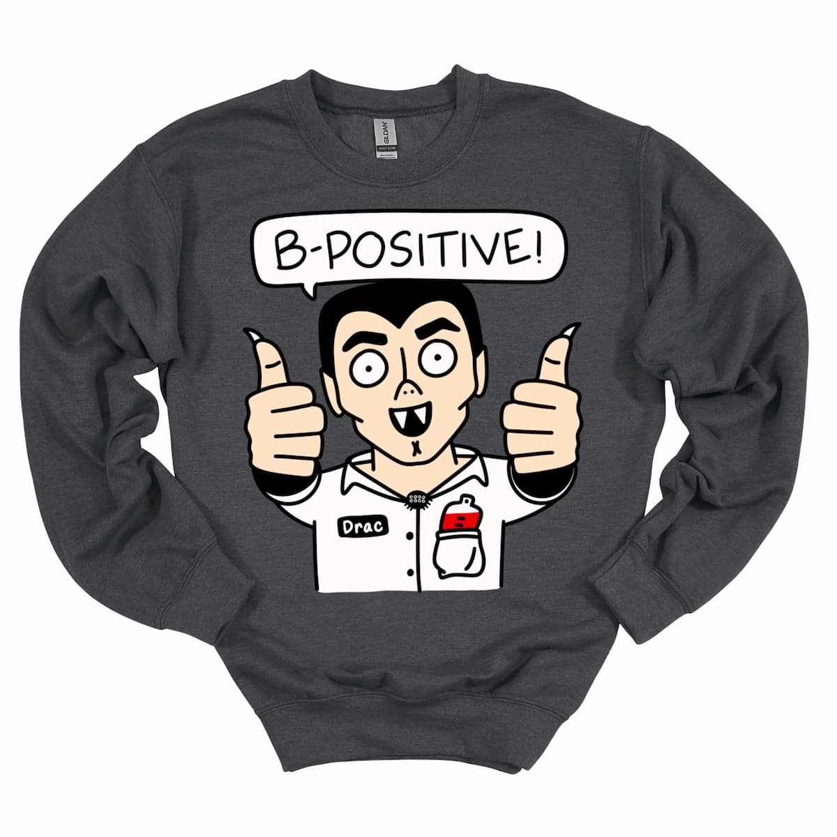 Dark Grey “B-Positive” Vampire Sweatshirt, soft Halloween crewneck for women, parents, and fall festivities – by Kalirally