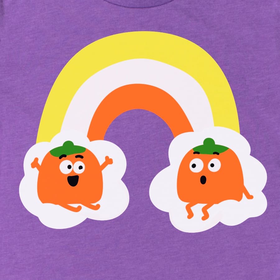 Detailed view of candy corn pumpkins and Halloween rainbow on Heather Purple shirt – cute Halloween t shirt design for fall lovers, by Kalirally