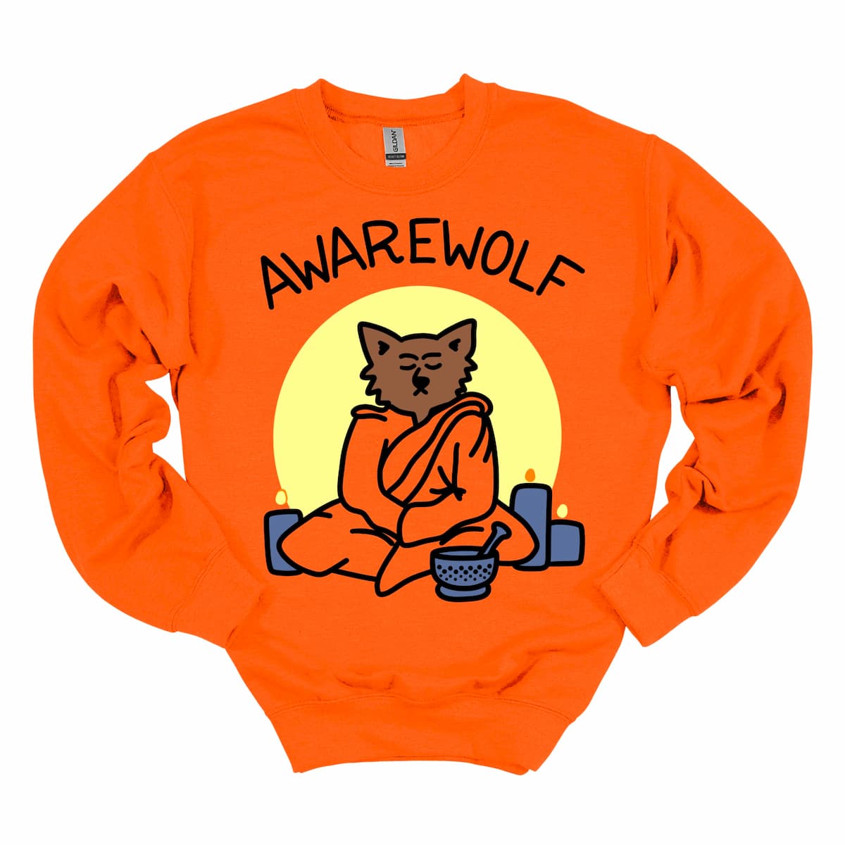 Orange Awarewolf Halloween Yoga Sweatshirt, comfy women’s crewneck for yoga class, Halloween lovers, and fall activities – by Kalirally