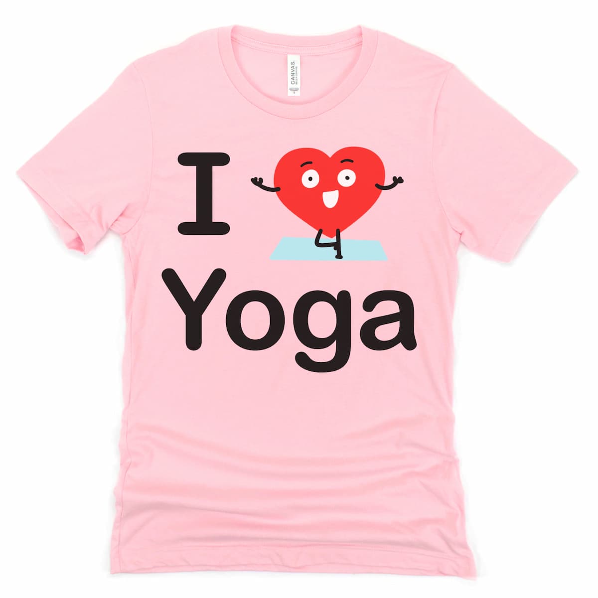 Flat lay of a pink I Heart Yoga tshirt featuring a playful cartoon heart doing a yoga tree pose.