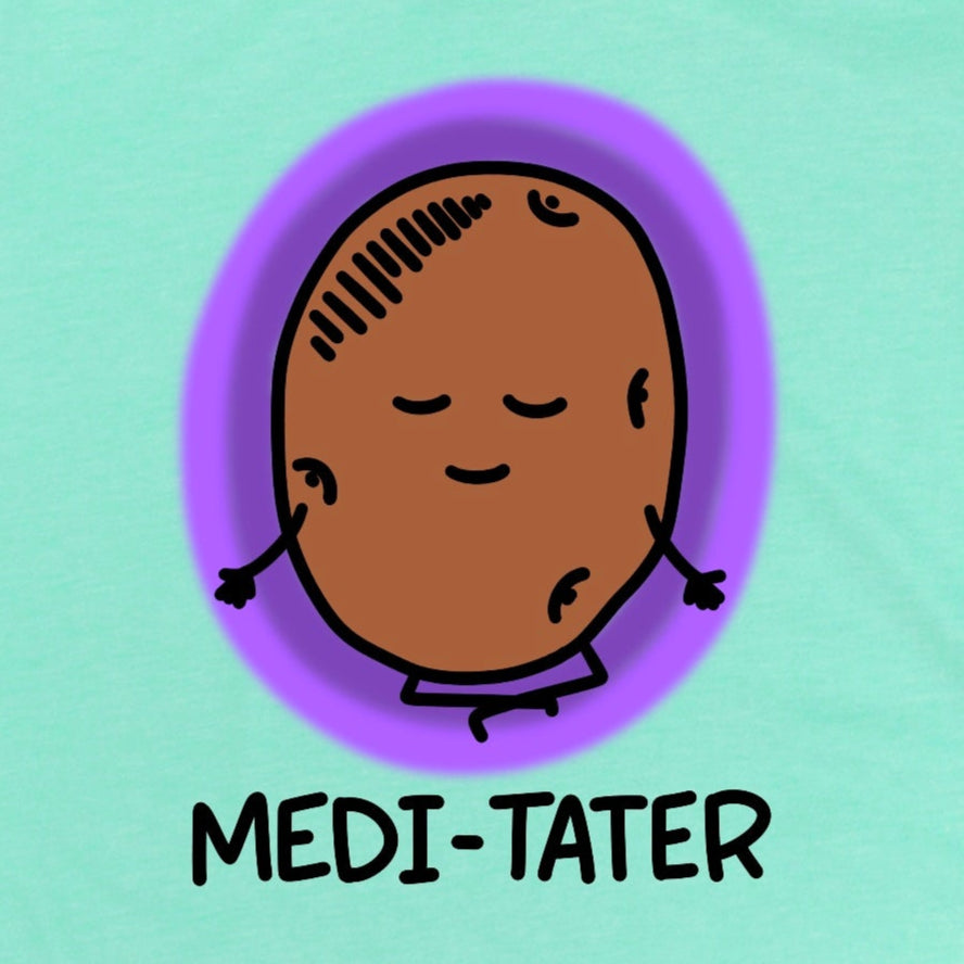 Close-up view of Heather Mint Green meditation shirt with detailed cartoon potato meditating design, by Kalirally