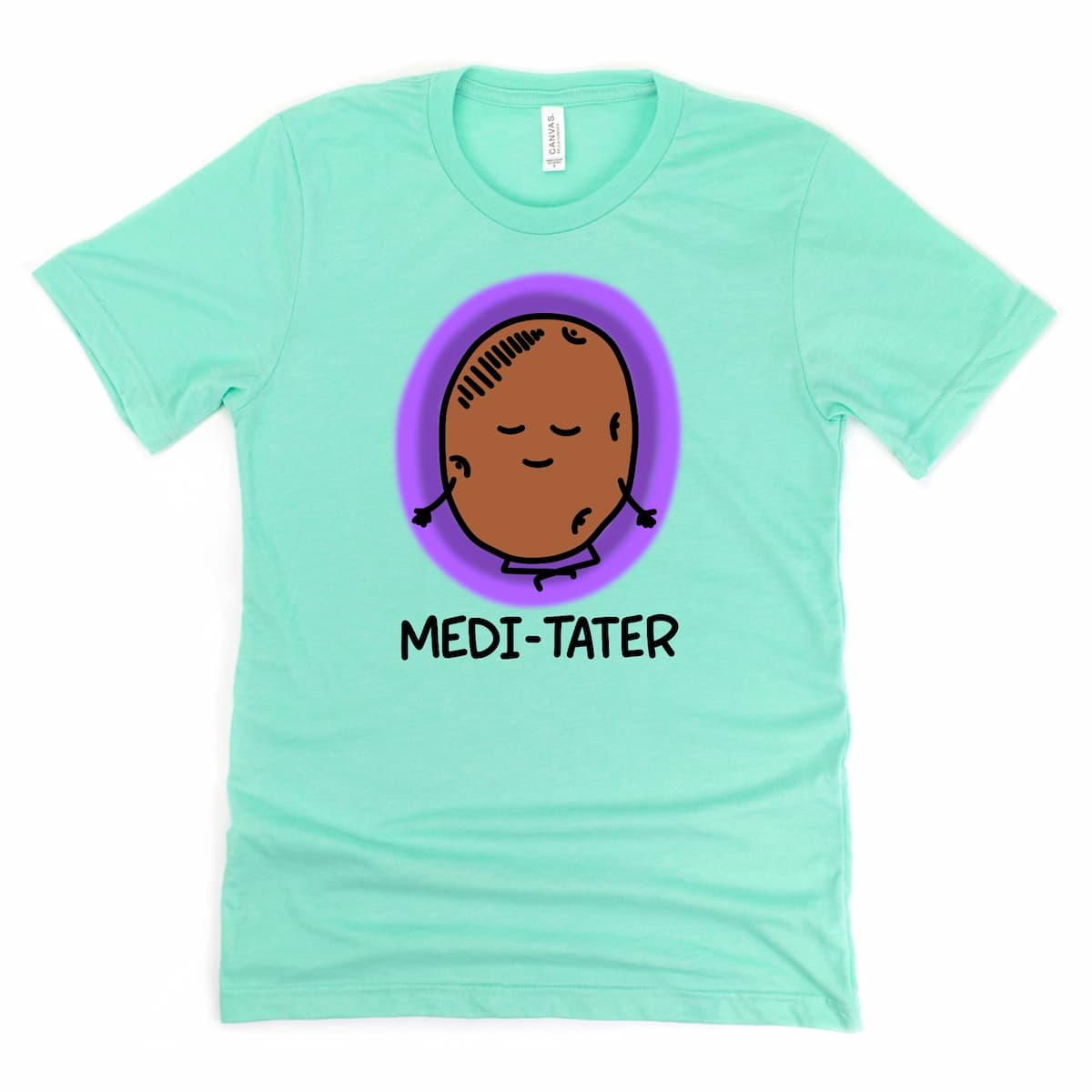 Heather Mint Green cute meditation shirt featuring a meditating cartoon potato with “Medi-Tater” text, by Kalirally