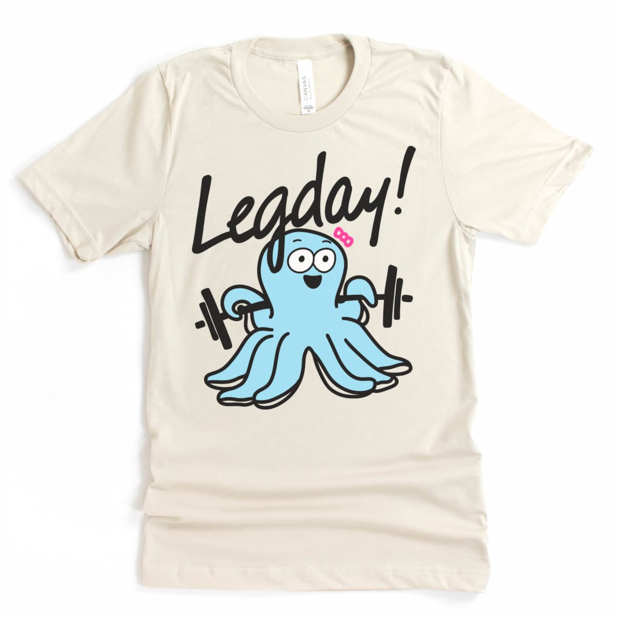 Flat lay of Heather Dust shirt with cartoon octopus on leg day – cute workout shirt by Kalirally
