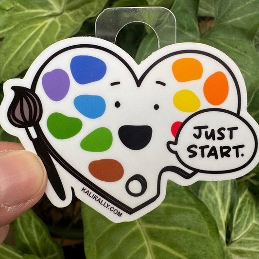 Cute paint palette vinyl sticker, “Just Start” artist painter decal for water bottles and laptops by Kalirally.