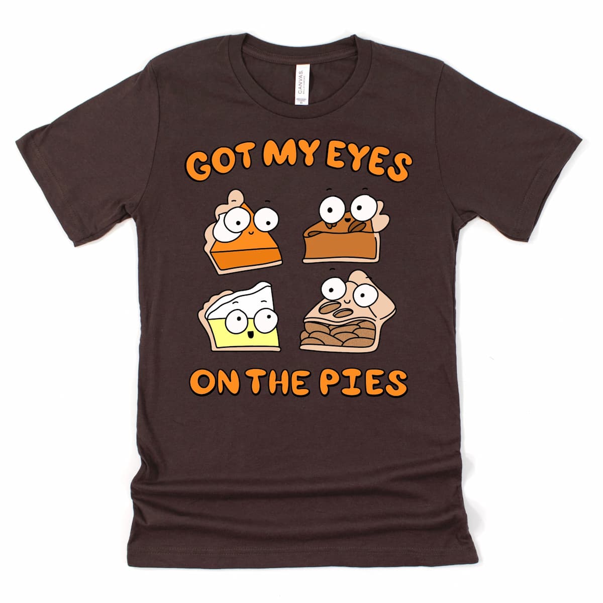 Cute pie cartoon graphic tee with pumpkin, pecan, lemon meringue, and apple pie in Heather Brown by Kalirally