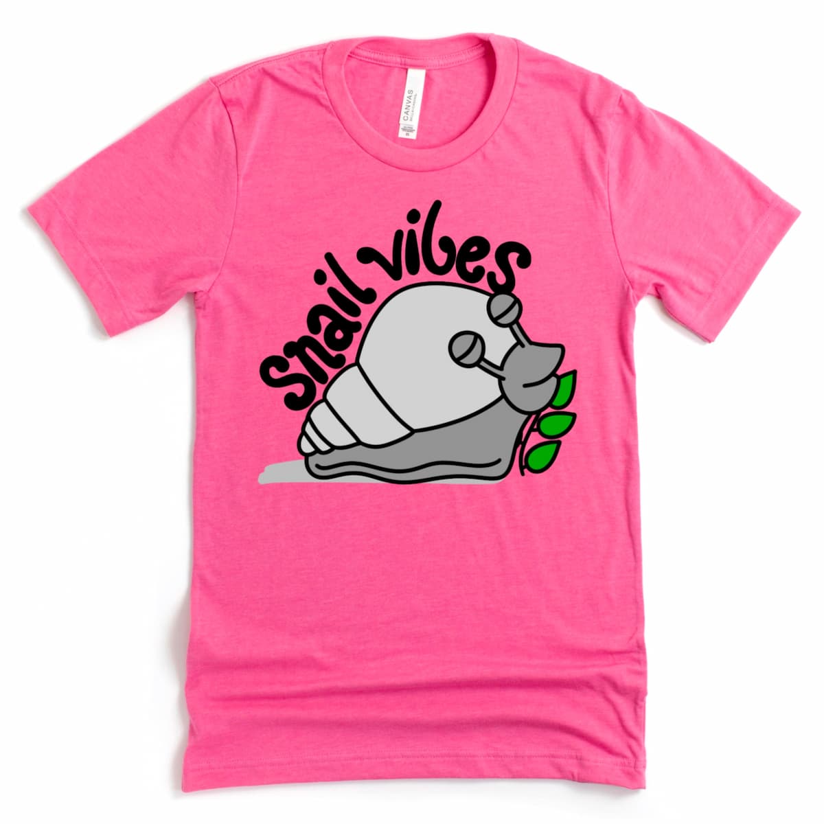Heather Charity Pink Snail Shirt with “Snail Vibes” cartoon graphic, whimsical nature lover shirt by Kalirally