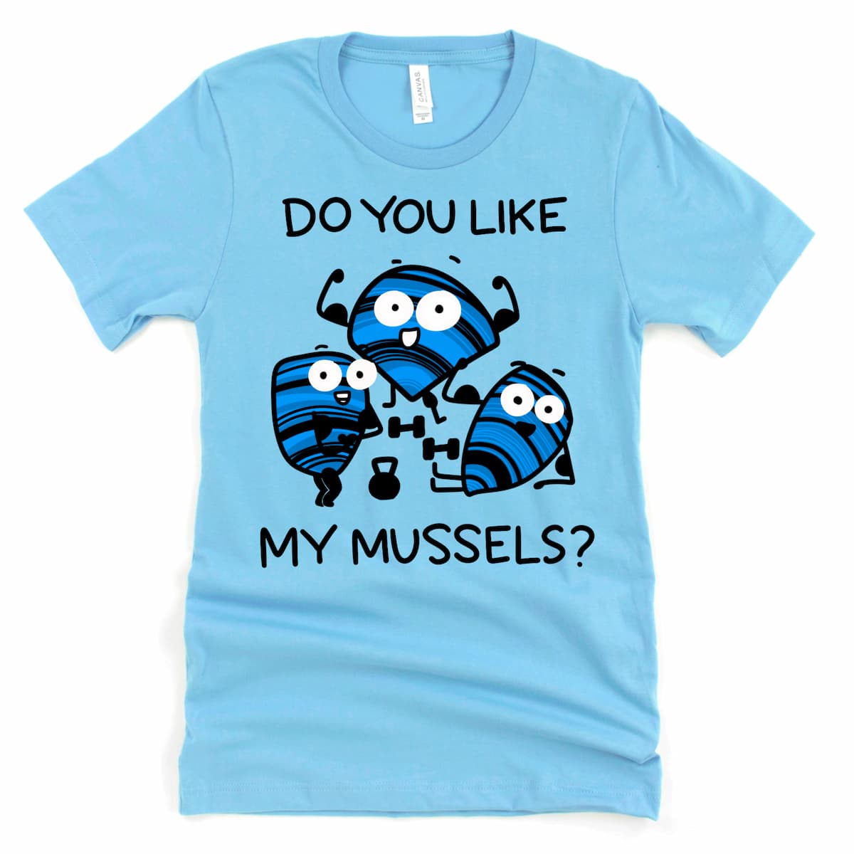 Ocean blue fitness pun shirt with cartoon mussels – cute weightlifting shirt for gym enthusiasts, by Kalirally