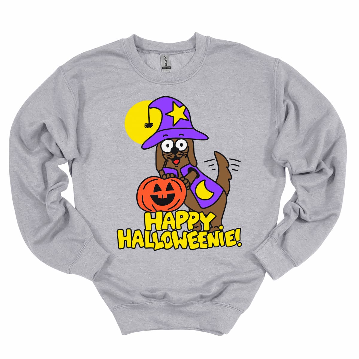 Athletic Grey Dachshund Halloween Sweatshirt with Happy Halloweenie dog design by Kalirally