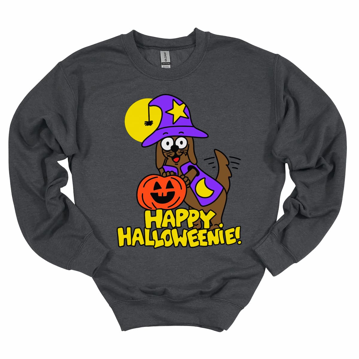 Dark Grey Dachshund Halloween Sweatshirt featuring Happy Halloweenie dog design by Kalirally.