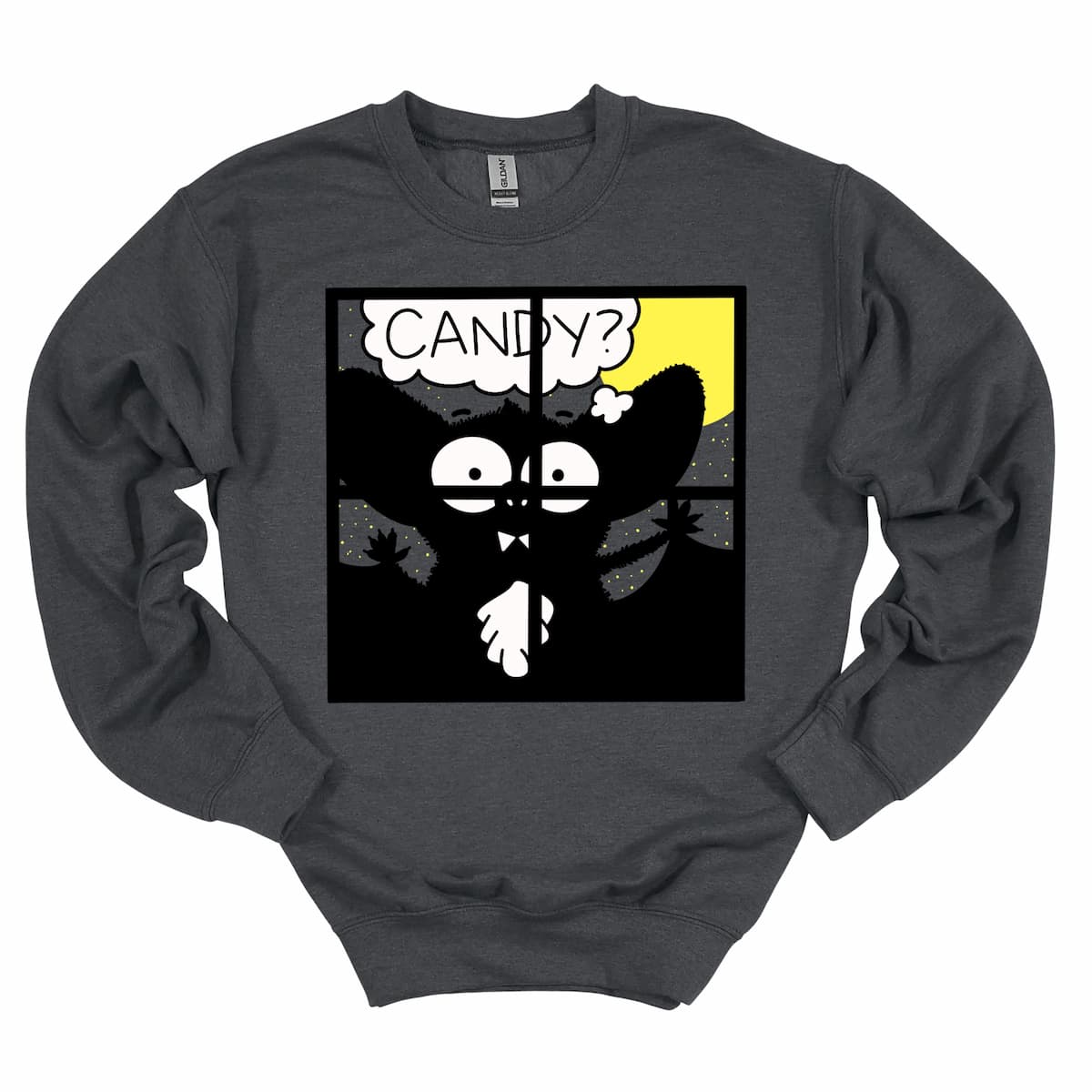 Dark grey sweatshirt with wide-eyed cartoon bat asking “Candy?” – fun Halloween top for adults, by Kalirally.