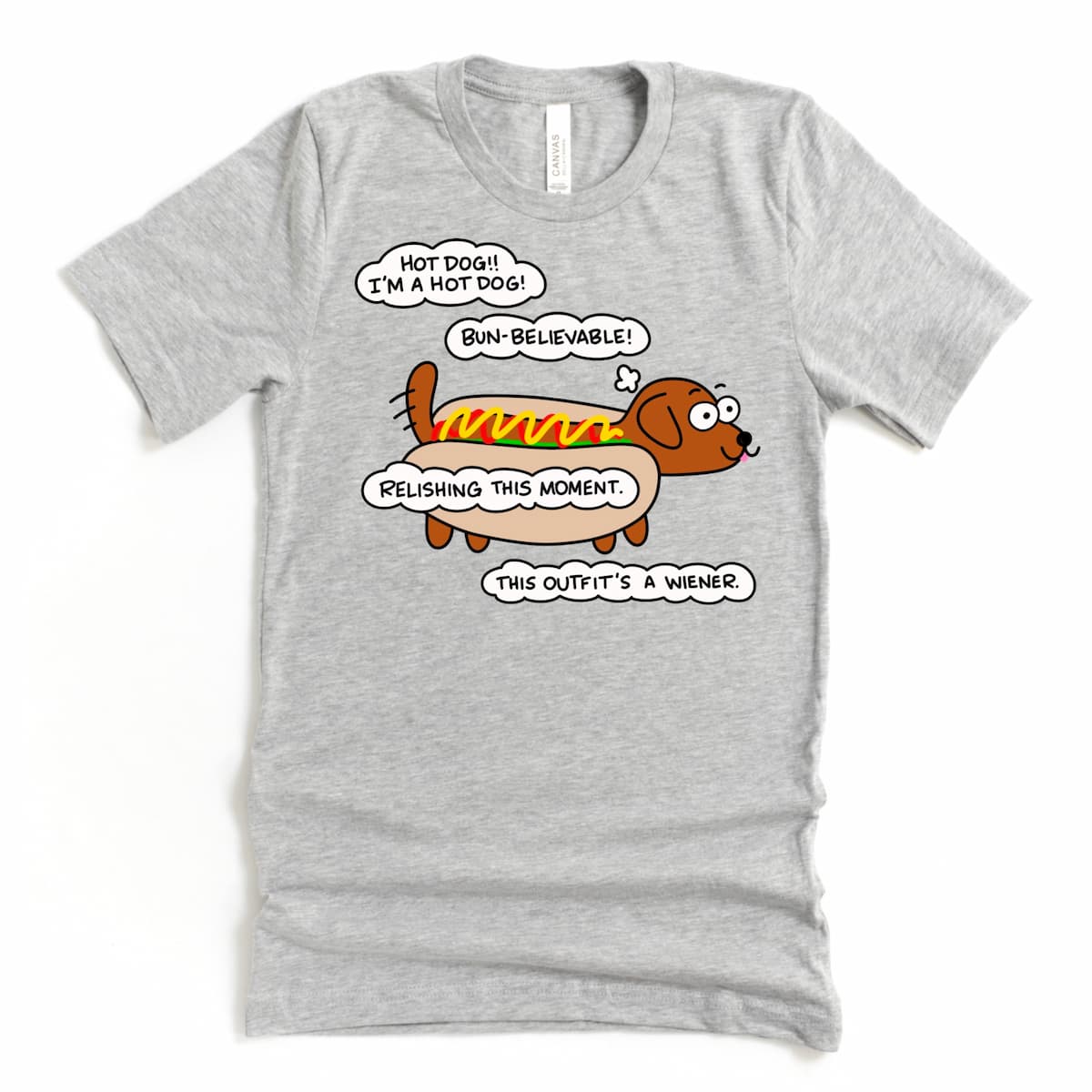 Heather Athletic Grey shirt with cute cartoon dachshund dressed as a hot dog, fun dog lover t-shirt, by Kalirally