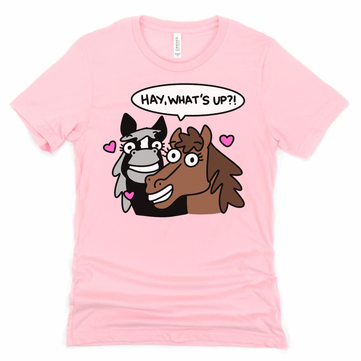 Equestrian humor tee in pink with two silly horses and “Hay, What’s Up?” slogan – Kalirally
