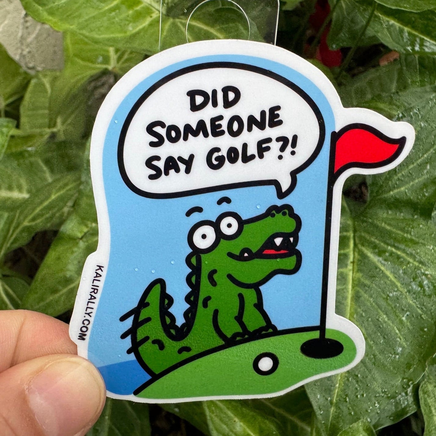 Funny water bottle sticker with cartoon alligator – “Did someone say golf?” decal for water bottles and laptops by Kalirally