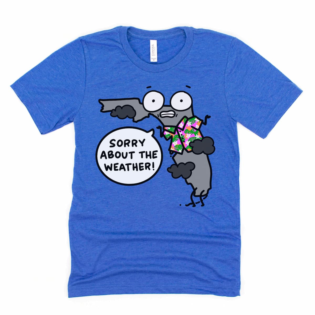 Heather Royal Blue Florida t-shirt featuring overcast cartoon skies and Florida humor – Kalirally