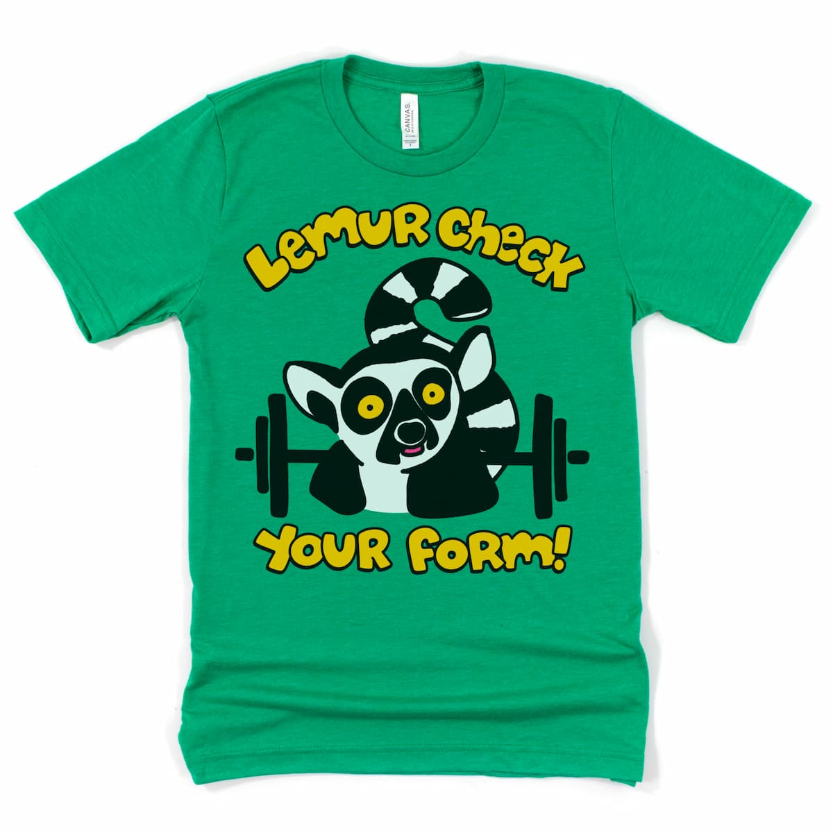 Kelly green tee featuring a lemur mid-lift and mid-glare — funny lifting shirt that calls you out (lovingly).
