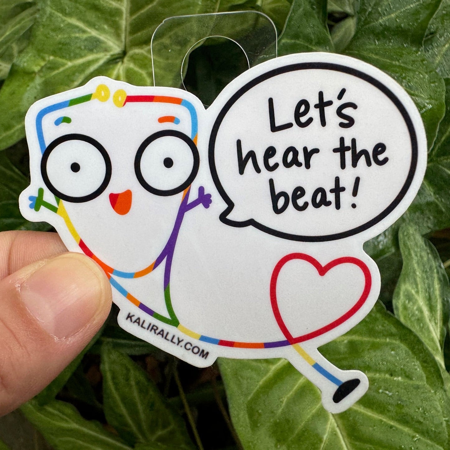 Fun Nurse Sticker with cartoon stethoscope and phrase “Let’s hear the beat!”, playful healthcare decal by Kalirally
