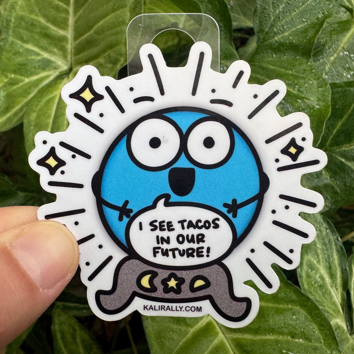 Vinyl Fun Taco Sticker – “I see tacos in our future!” cartoon crystal ball decal by Kalirally.