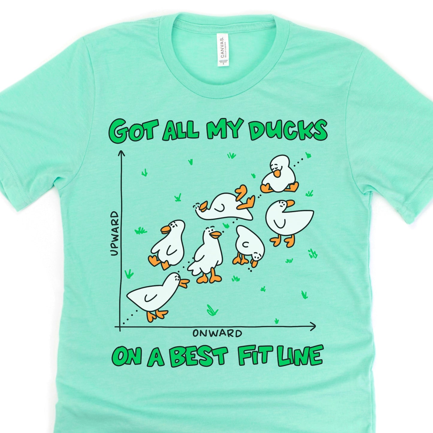 Heather mint green Bella + Canvas unisex tee with clever duck and regression line pun. Fun gift for math teachers and STEM fans.