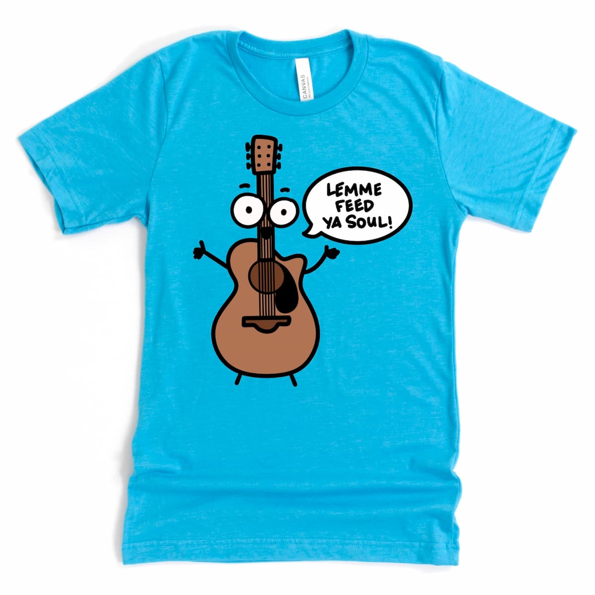 Heather Aqua Funny Guitar Shirt featuring smiling acoustic guitar and “Lemme Feed Ya Soul!” phrase by Kalirally