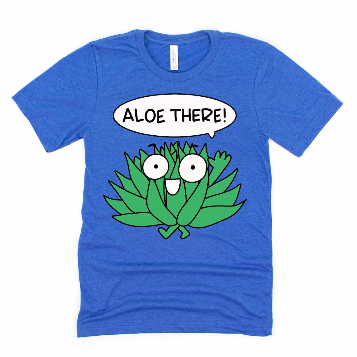 Funny aloe plant cartoon shirt with “Aloe there!” phrase in Heather True Royal Blue by Kalirally