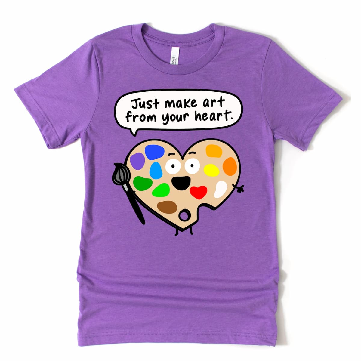 Funny art teacher graphic tee with cartoon paint palette in Heather Purple by Kalirally