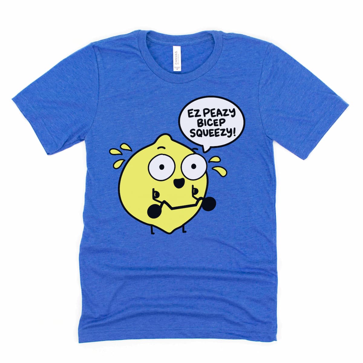 Flat lay of EZ Peazy Bicep Squeezy shirt in Heather Royal Blue – bodybuilding shirts funny design with lemon cartoon