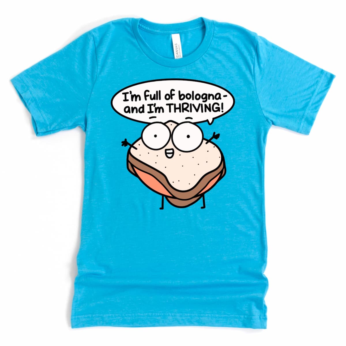 Heather aqua graphic tee with cartoon bologna sandwich and text “I’m Full of Bologna and I’m Thriving,” funny food shirt by Kalirally