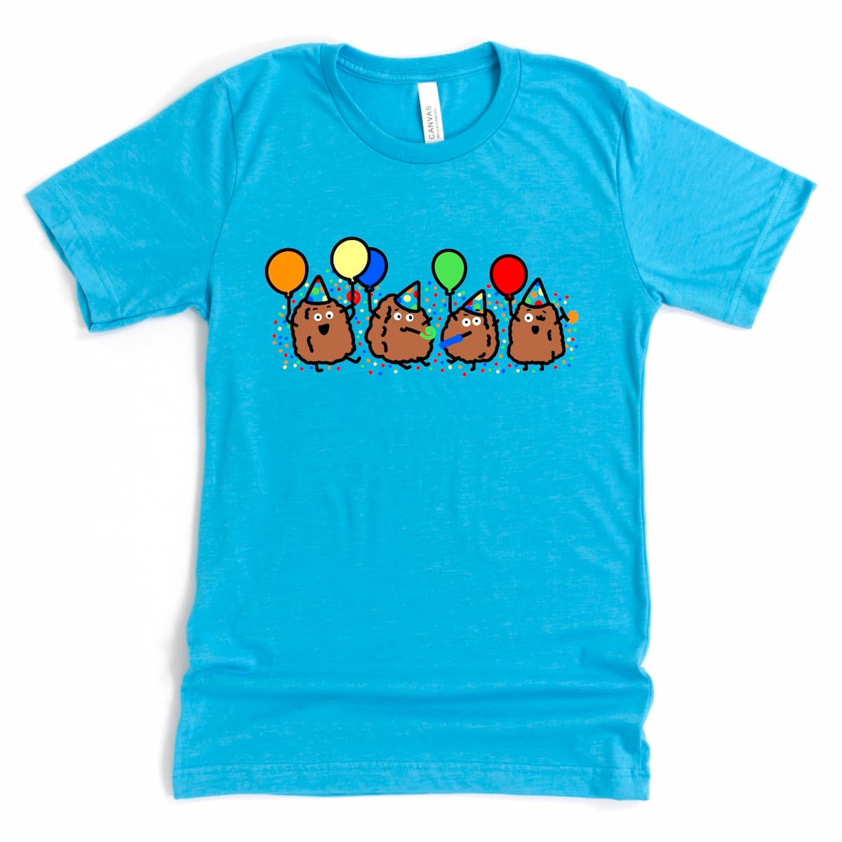 Heather Aqua Chicken Nugget Shirt with playful cartoon nuggets holding balloons and party blowers, funny gift tee by Kalirally