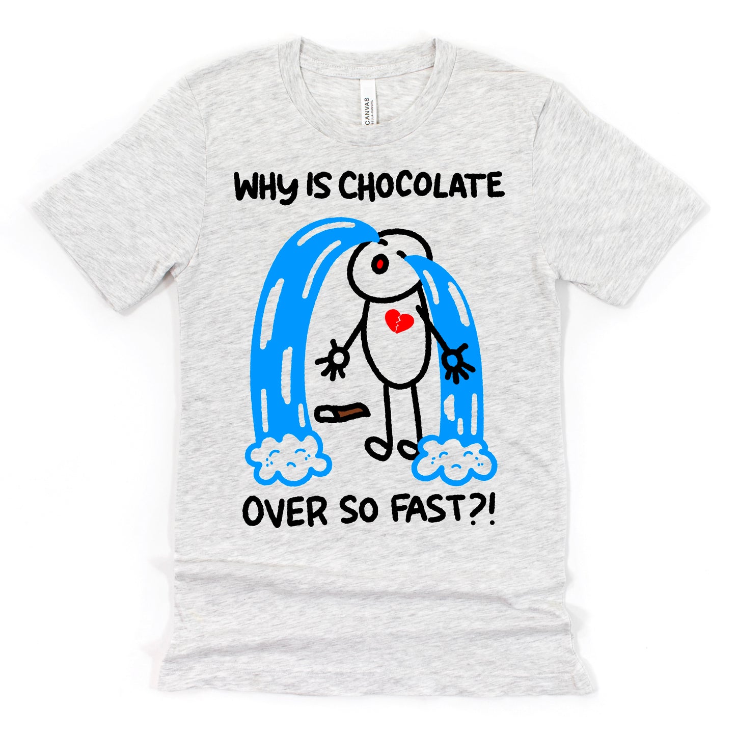 Funny Chocolate Shirt in Athletic Grey featuring cartoon chocolate bar with smiley face, perfect for dessert fans and chocoholics, by Kalirally