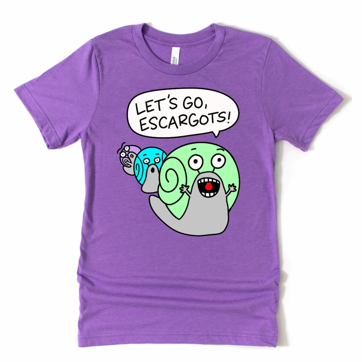 Cartoon snail shirt in heather purple with “Let’s Go, Escargots!” funny pun design, quirky snail t shirt by Kalirally