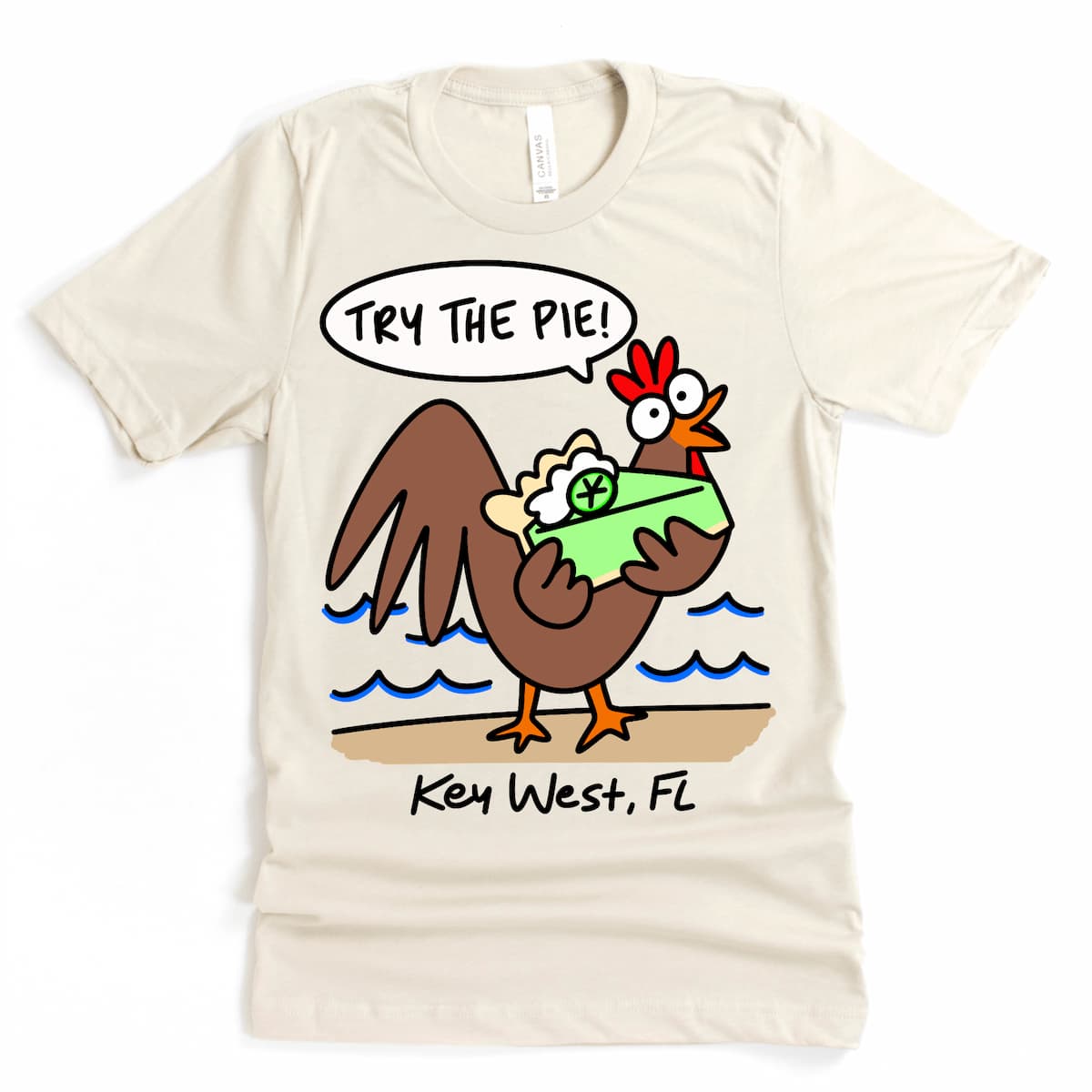 Dusty neutral colored Florida Keys shirt with cartoon rooster offering Key Lime pie - Try the pie! by Kalirally design