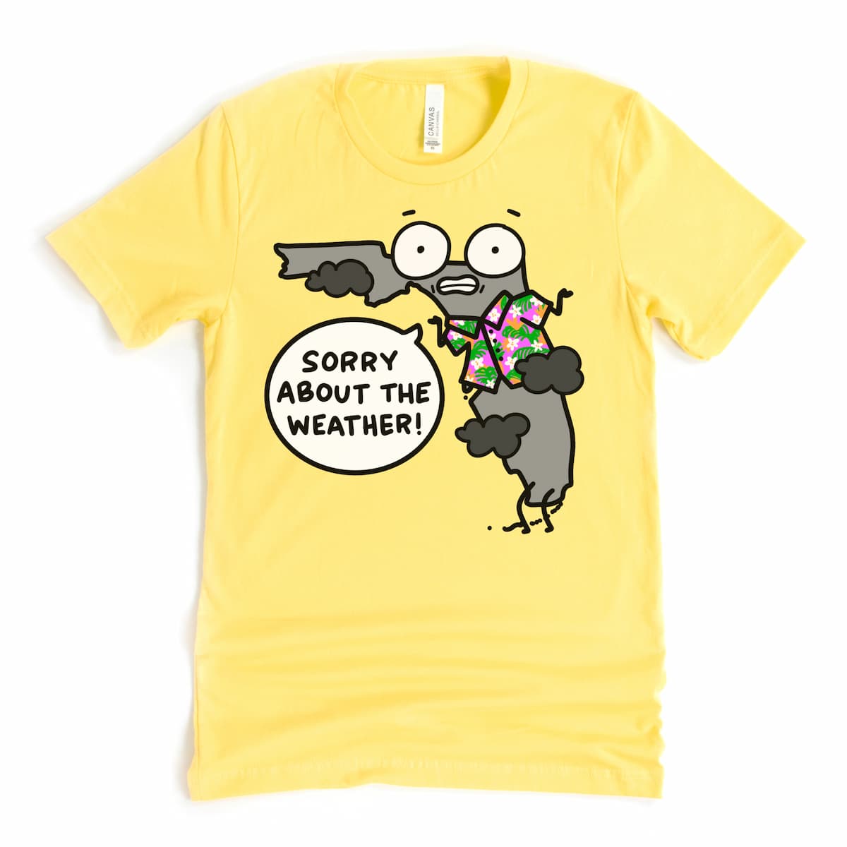 Bright yellow Florida t-shirt with weather cartoon design – Sorry About the Weather – Kalirally