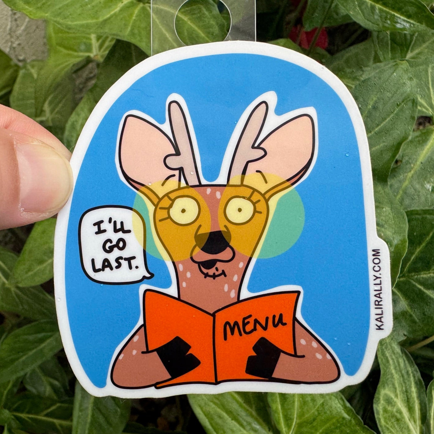 Cartoon deer in the headlights foodie sticker with the phrase “Menu Analysis Paralysis,” fun food humor decal