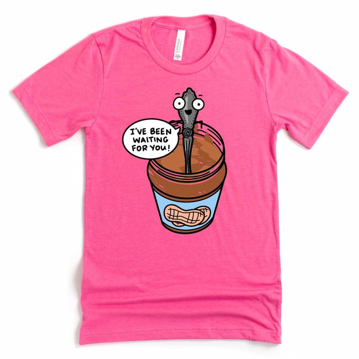 Funny cartoon peanut butter shirt in Heather Charity Pink with “I’ve Been Waiting for You” design, by Kalirally