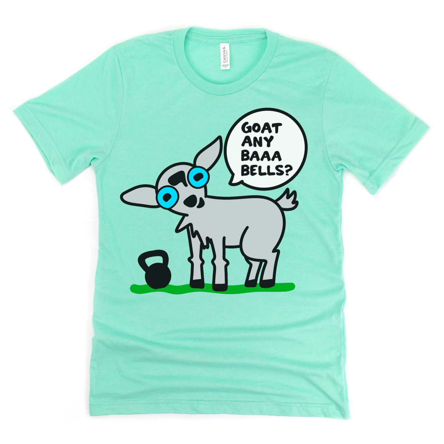 Heather mint green t-shirt with a goat asking βGoat any baaaabells?β β fits right in with funny female workout shirts β Kalirally