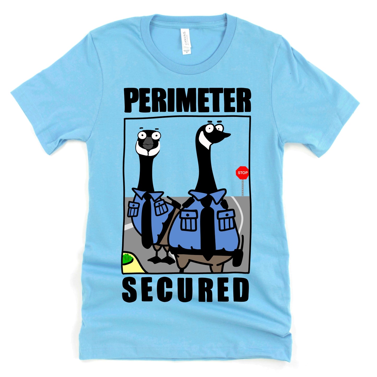 Ocean Blue Funny Goose Shirt with security geese illustration and “Perimeter Secured” text by Kalirally