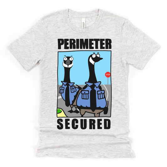 Funny Goose Shirt in Heather Ash featuring “Perimeter Secured” design with Canadian geese in uniforms by Kalirally