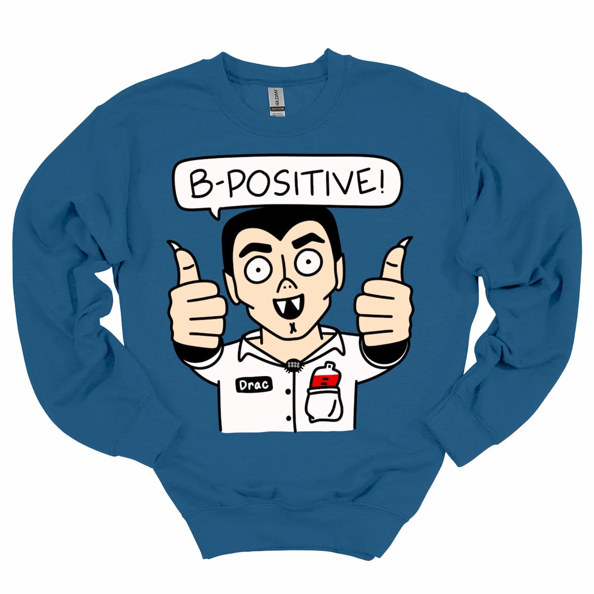 Indigo Blue “B-Positive” Vampire Sweatshirt, cozy Halloween crewneck for women, teachers, and Halloween enthusiasts – by Kalirally