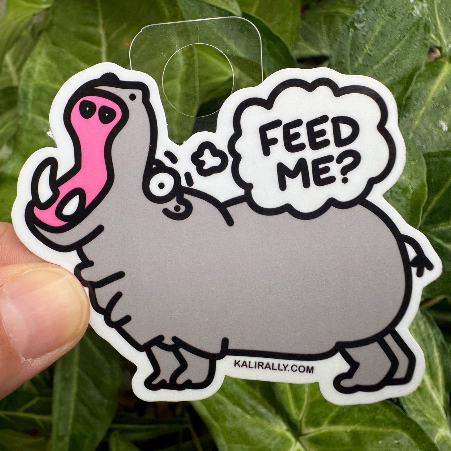 A picture of a 3x3" vinyl Hungry Hippo Sticker - Cartoon "Feed me?" Decal by Kalirally.
