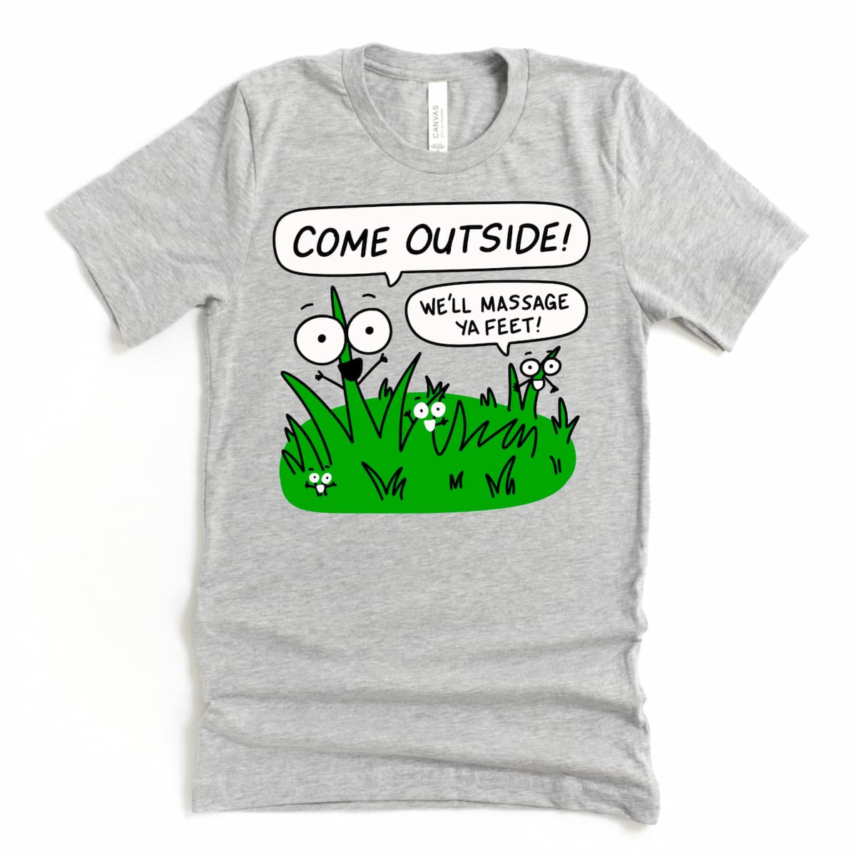 Funny lawn shirt in Athletic Grey with grass humor saying “We’ll massage ya feet!” – Kalirally