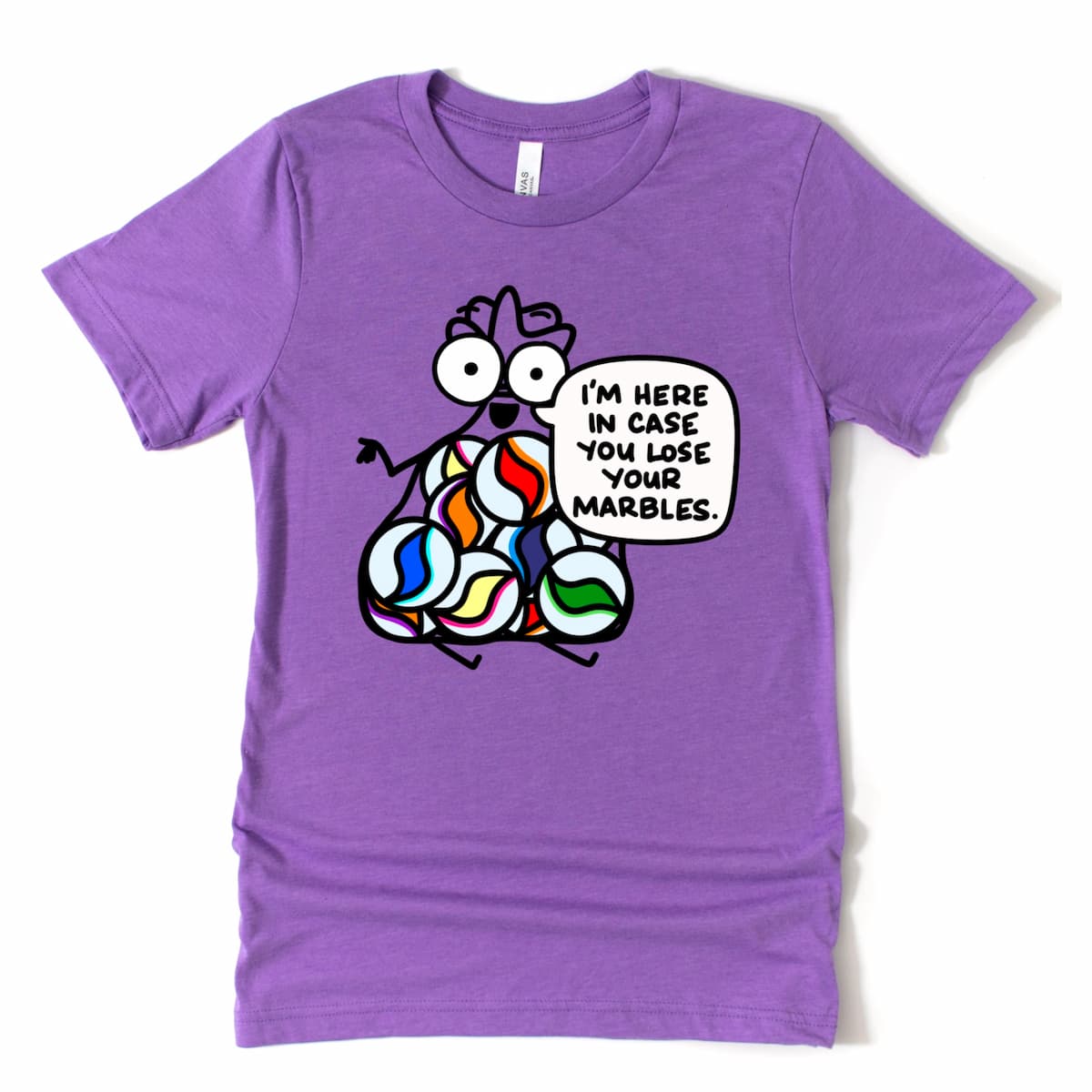 Heather Purple Fun Coworker Shirt featuring playful bag of marbles design with “I’m here in case you lose your marbles” phrase, by Kalirally